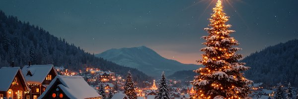 Domy, Noc, Góry, Ośnieżone, Choinki, Gwiazda, Wieś, Zima, Boże Narodzenie, Las