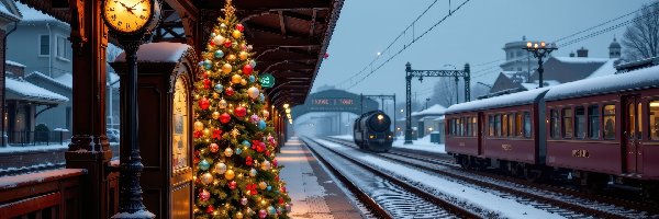 Pociąg, Choinka, Zegar, Peron, Zima, Boże Narodzenie