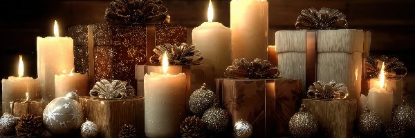 Bombki, Prezenty, Szyszki, Deski, Świece, Boże Narodzenie