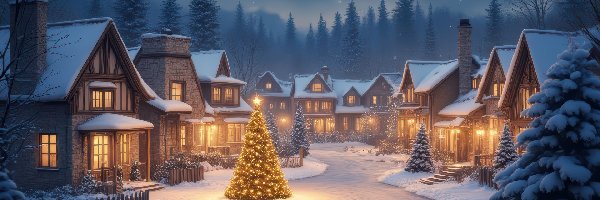 Noc, Choinki, Domy, Droga, Zima, Boże Narodzenie