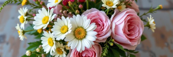 Białe, Różowe, Róże, Margerytki, Bukiet, Kwiaty