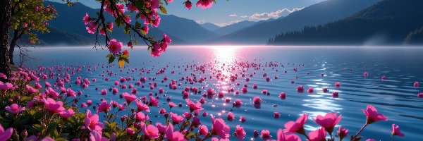 Czerwone, Rośliny, Noc, Góry, Jezioro, Drzewo, Kwitnące, Księżyc, Kwiaty