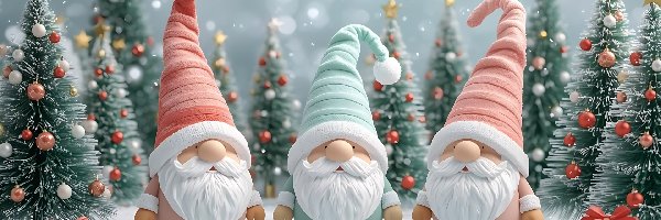 Boże Narodzenie, Skrzaty, Prezenty, Trzy, Zima, Grafika, Choinki