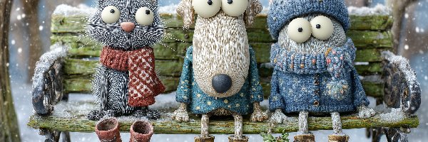 Zima, Ludzik, Ławka, Grafika AI, Kot, Pies