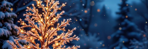 Drzewa, Gwiazda, Oświetlone, AI, Śnieg