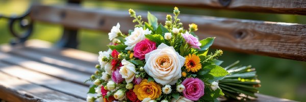 Ławka, Bukiet, Drewniana, AI, Kwiaty, Kolorowe