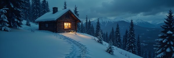 Chmury, Dom, Śnieg, Drzewa, Zima, Góry, Droga