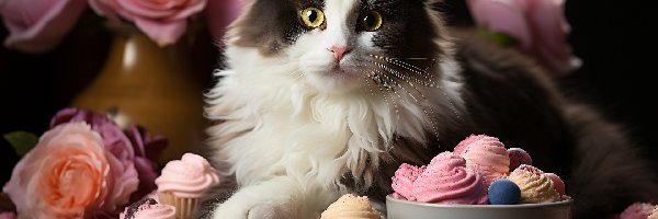 Czarno-biały, Kot, Puszysty, Kwiaty, Babeczki