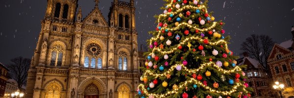 Zima, Choinka, Kościół, Udekorowana, Boże Narodzenie, Latarnie, Fasada