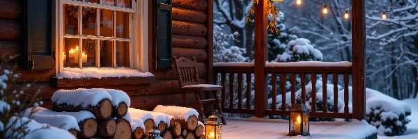 Zima, Szczapy, Dom, Lampiony, Taras