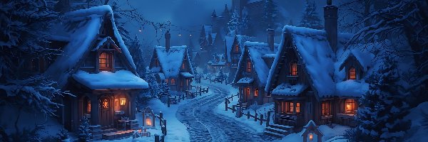 Zima, Droga, Domy, AI, Noc