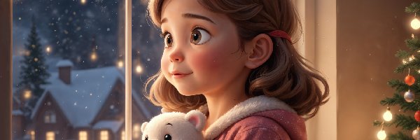 Noc, Miś, Okno, AI, Pluszowy, Dziewczynka