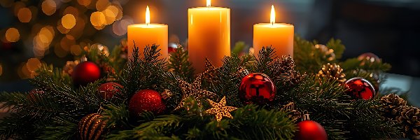 Szyszki, Trzy, Świąteczne, Gwiazdy, Gałązki, Świerk, Bombki, Stroik, Świece, Światło