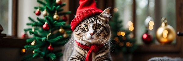 AI, Czapka, Szalik, Czerwona, Kot, Choinka, Stół