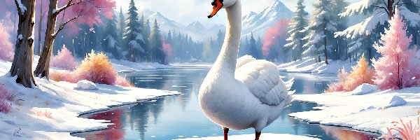 Ptak, Rzeka, Zima, Łabędź