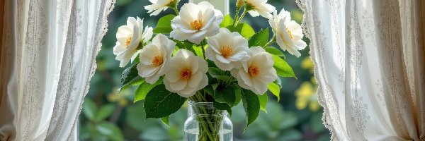 Okno, Kwiaty, Wazon, Firanki, Białe, Bukiet