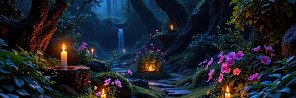 Drzewa, Kamienie, Kwiaty, Różowe, Las, Al, Grafika, Rośliny, Świece