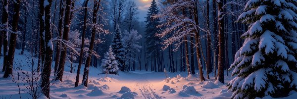 Grafika, Drzewa, Ścieżka, Las, Zima, Noc, Księżyc