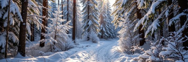 Las, Zaśnieżona, Droga, Zima, Drzewa, Ośnieżone