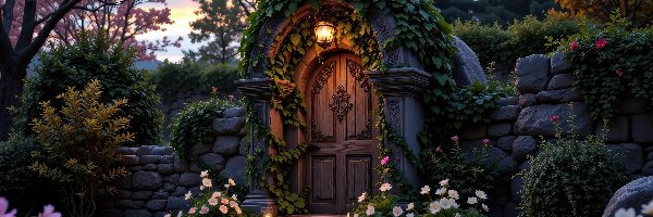 Białe, Różowe, Drzwi, Schody, Mur, Drzewa, Rośliny, Latarnia, Kwiaty