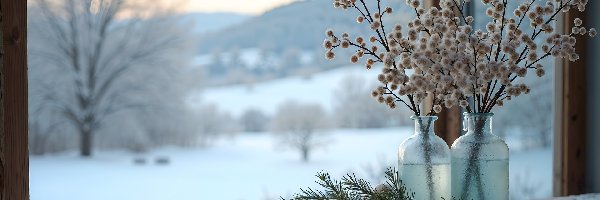 Kompozycja, Rośliny, Gałązka, Wazony, Zima, Szyszka, Bombka