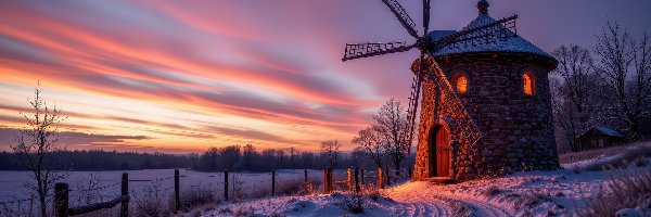 Kolorowe, Wiatrak, Zima, Droga, Drzewa, Oświetlony, Ośnieżona, Zachód słońca, Śnieg, Niebo, Ogrodzenie, Drut, Słupki