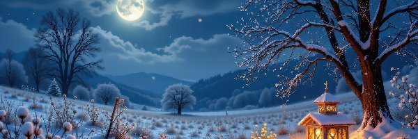 Pole, Drzewa, Śnieg, Księżyc, Zima, Laterenka, Zapalona, Ośnieżone, Rośliny