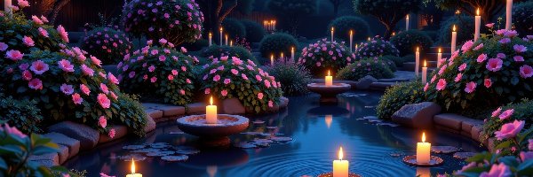 Świece, Różowe, Kwiaty, AI, Oczko wodne, Ogród