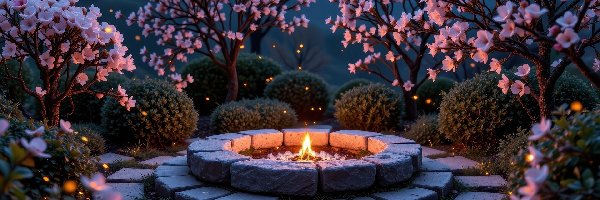 Krąg, Betonowy, Różowe, Drzewa, Park, AI, Grafika, Kwiaty, Ogień