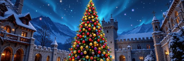 Zima, Choinka, Zorza polarna, Domy, Bombki, Dziedziniec, Wieża, Boże Narodzenie