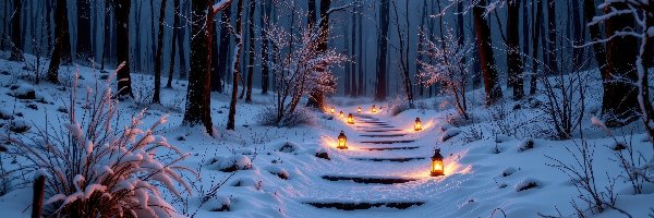 Schody, Ośnieżone, Drzewa, Lampiony, Las, Zima