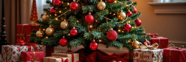 Bombki, Złote, Czerwone, Prezenty, Choinka, Boże Narodzenie