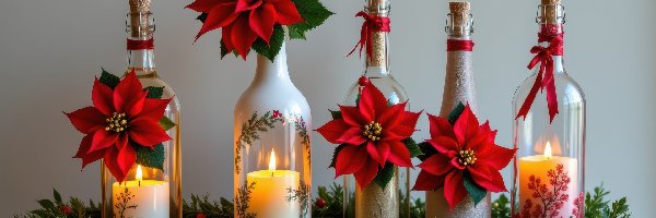 Butelki, Gwiazda betlejemska, Kwiaty, Świąteczne, Świece