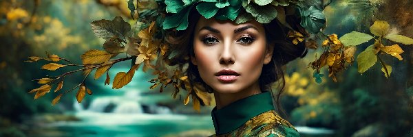 Kwiaty, Bluzka, Nakrycie, Zielona, Kobieta, Liście, Głowy