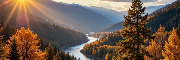 Drzewa, Góry, Rzeka, Zalesione, Jesień, Żółte, Promienie słońca