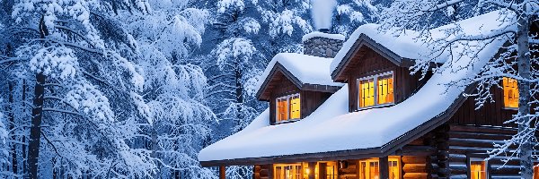 Śnieg, Ośnieżone, Drzewa, Las, Zima, Dom, Oświetlony