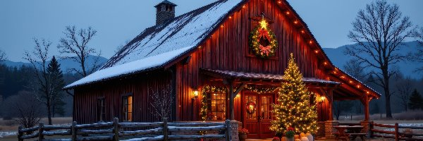 Zima, Dom, Drewniany, Drzewa, Choinka, Boże Narodzenie