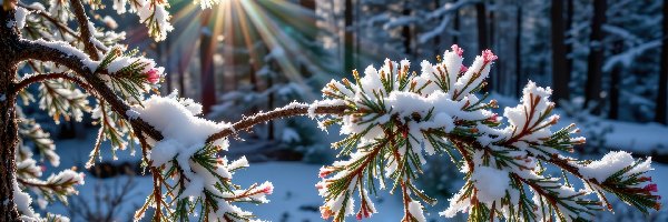 Gałęzie, Promienie słońca, Śnieg, Grafika AI, Las