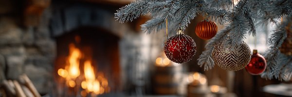 Boże Narodzenie, Bombki, Choinka, Grafika AI, Kominek