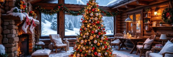 Kominek, Choinka, Al, Zima, Bombki, Krzesła, Okno, Boże Narodzenie