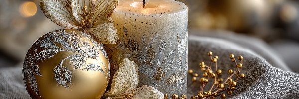 Grafika AI, Bombka, Świeca, Złota, Boże Narodzenie, Stroik, Kwiaty