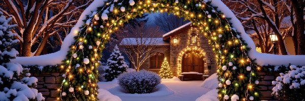 Dekoracja, Zima, Zaspy, Drzewa, Dom, Łuk, Oświetlenie, Boże Narodzenie
