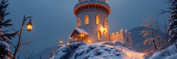 Oświetlona, Skała, Wieża, Zima