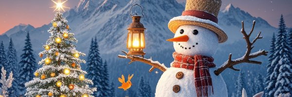 Góry, Lampion, Choinka, Zima, Bałwanek, Boże Narodzenie