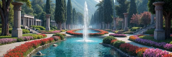 Staw, Kwiaty, Fontanna, Park