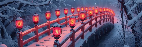 Latarnie, Śnieg, Mgła, Drzewa, Most, Rzeka, Ośnieżone, Zima