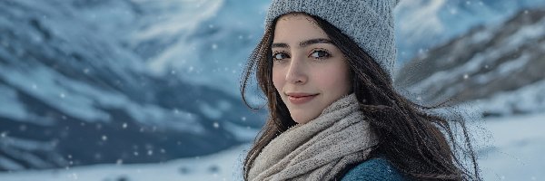 Spojrzenie, Długie, Włosy, Szatynka, Kobieta, Szal, Czapka