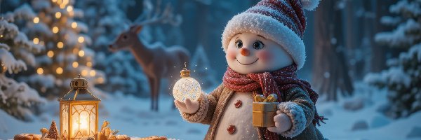 Stolik, Prezenty, Lampion, Bałwanek, Zima, Choinka, Ciastka