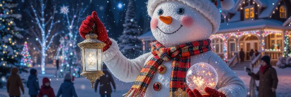 Rękawiczki, Czapka, Zima, Dom, Szalik, Lampion, Kula, Bałwanek