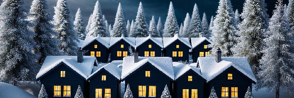 Drzewa, Grafika, Domy, Zima